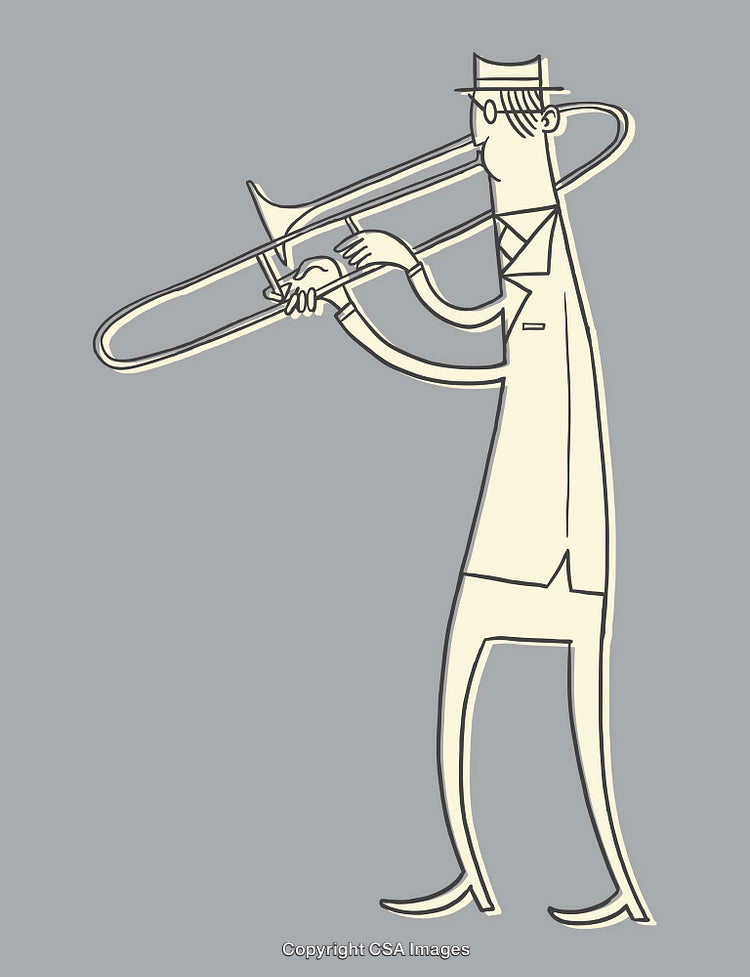 Stylized Line Art of a Trombone Player in a Retro Style