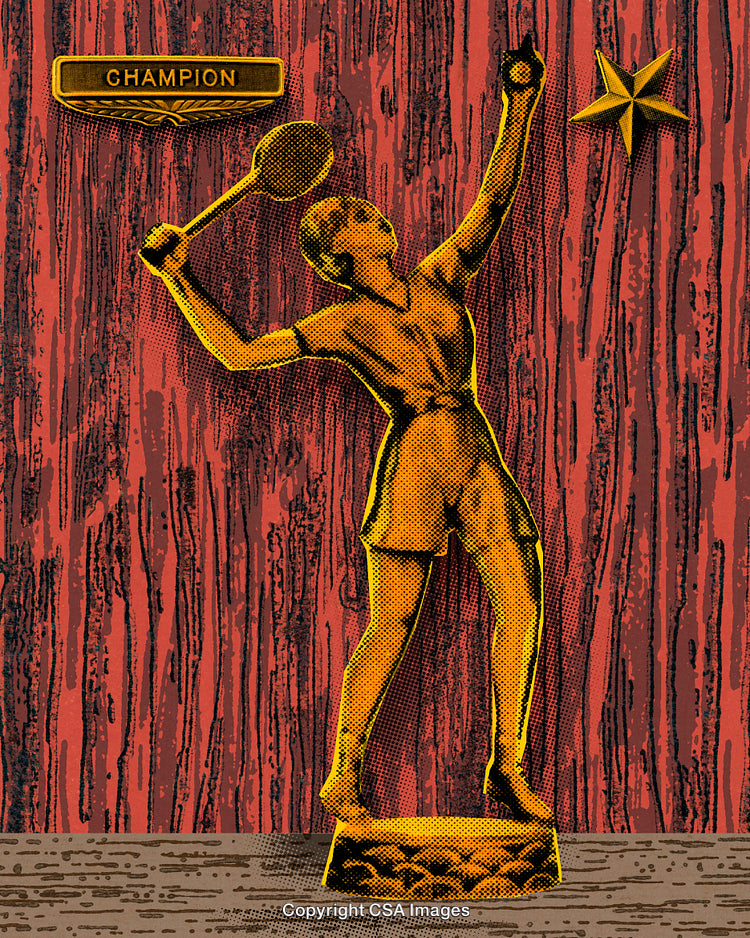 Golden Champion Trophy Depicting a Victory Moment in a Stylized Setting