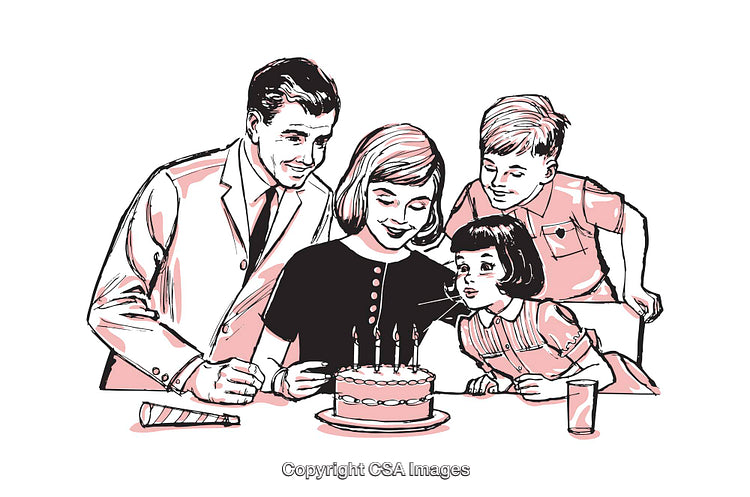 Family Celebrates a Birthday With Cake in Vintage Illustration Style
