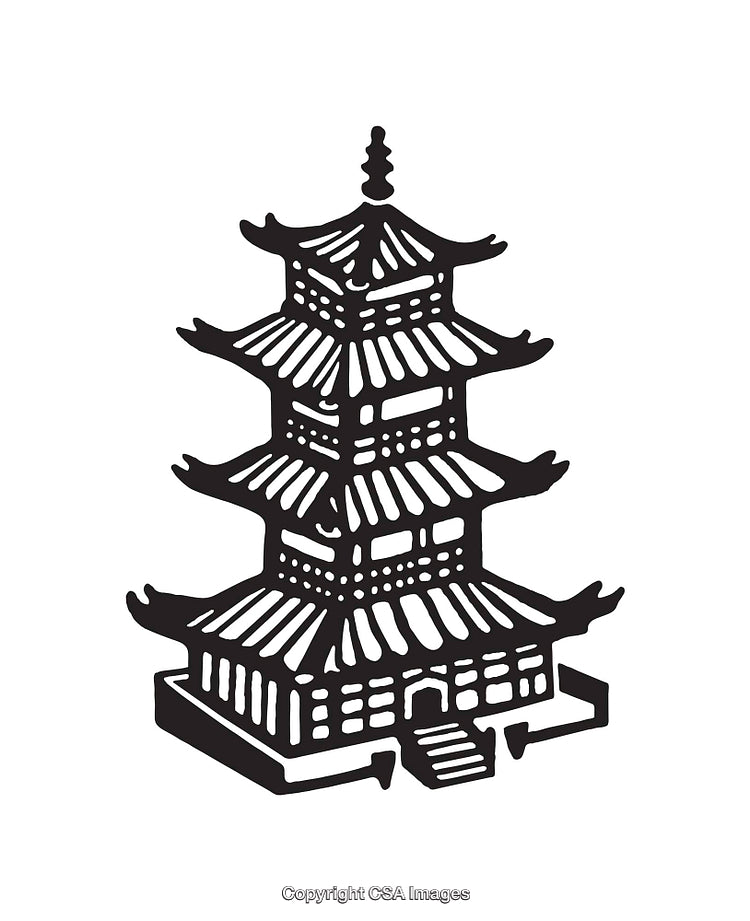 Traditional Asian Pagoda in Black and White Line Art Illustration