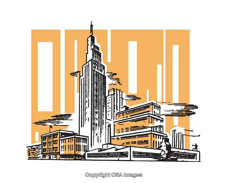 Stylized Illustration of Urban Skyline with Geometric Typography