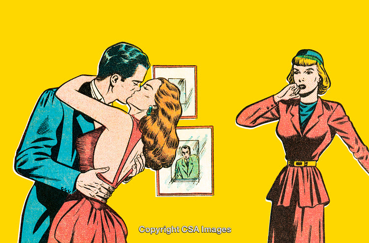 Retro Comic-Like Scene Depicting Romantic Drama and Shocked Onlooker