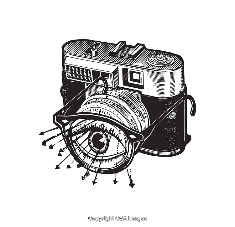Intricate Black And White Line Art Camera with Eye Illustration