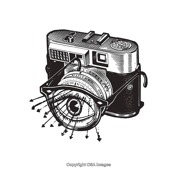 Intricate Black And White Line Art Camera with Eye Illustration