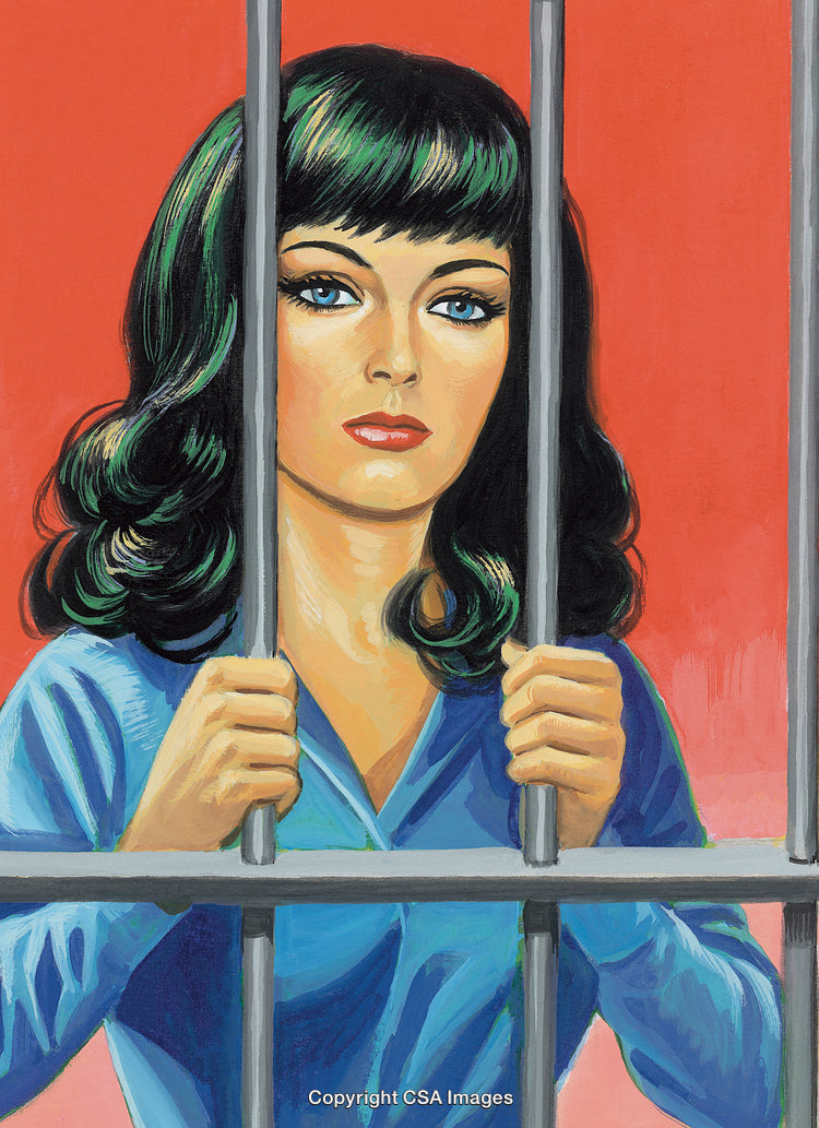 Realistic Painting of a Woman Behind Bars with a Vibrant Background