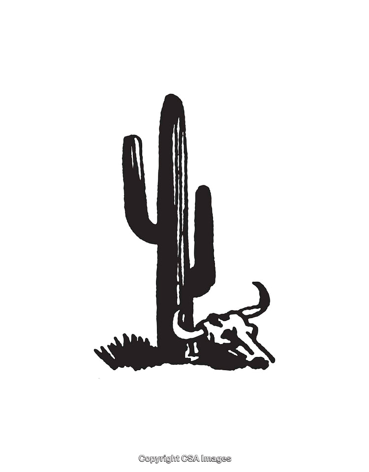 Black and White Line Art of a Desert Cactus and Animal Skull