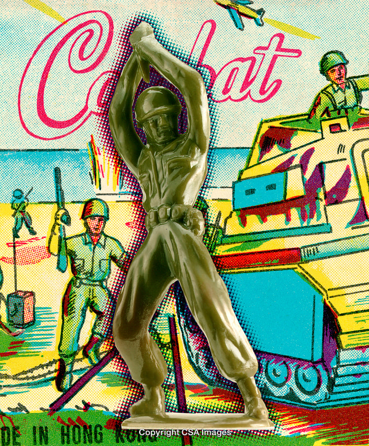 Vintage Toy Soldier Against Retro Combat Background Illustration