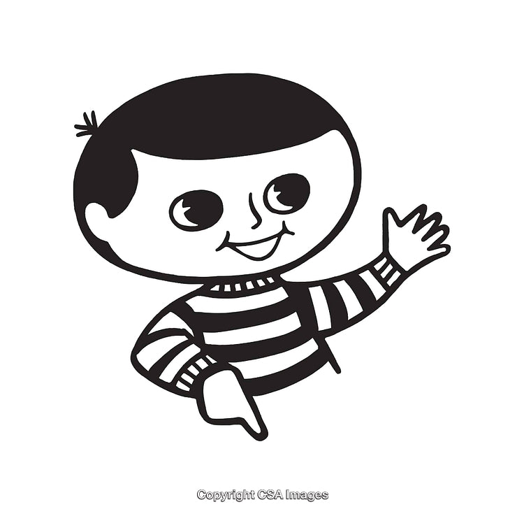 Black and White Line Art of a Cartoon Boy Waving and Smiling