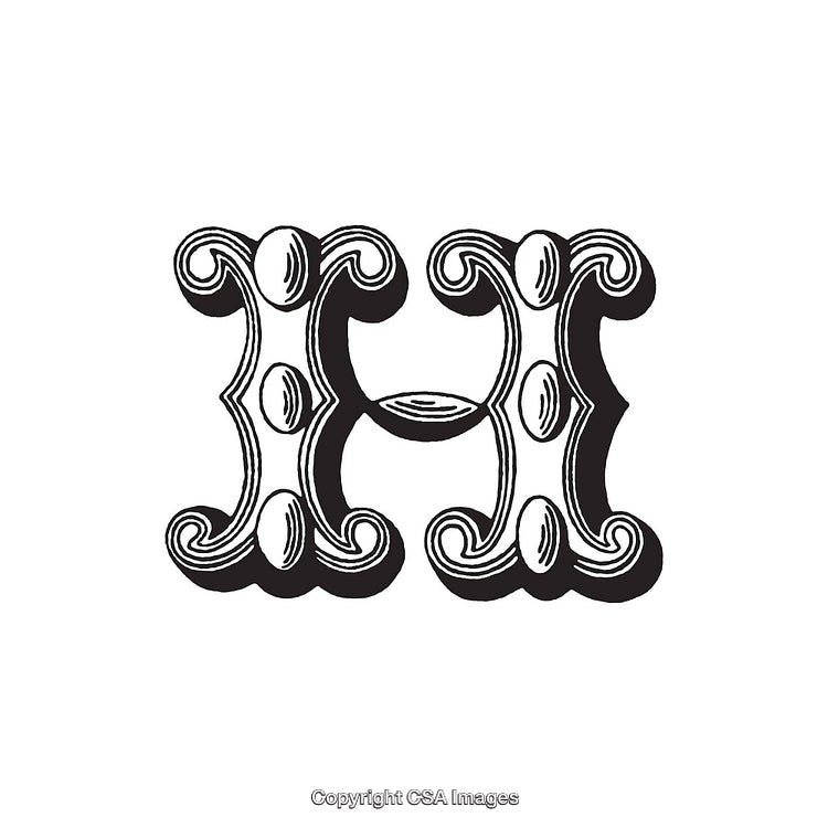 Intricate Ornamental Letter H Design with Decorative Patterns in Black and White