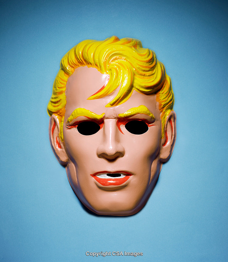 Plastic Yellow-Haired Mask on Bright Blue Background in Retro Style