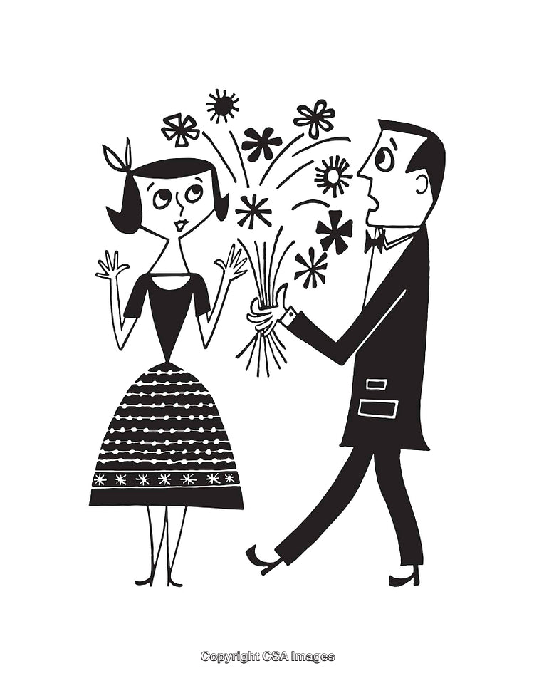 Retro Illustration of a Man Offering Flowers to a Woman