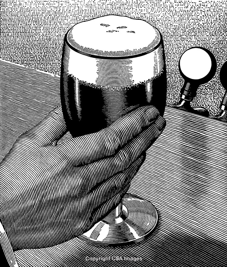 Hand Holding a Beer Glass in Retro Black and White Illustration