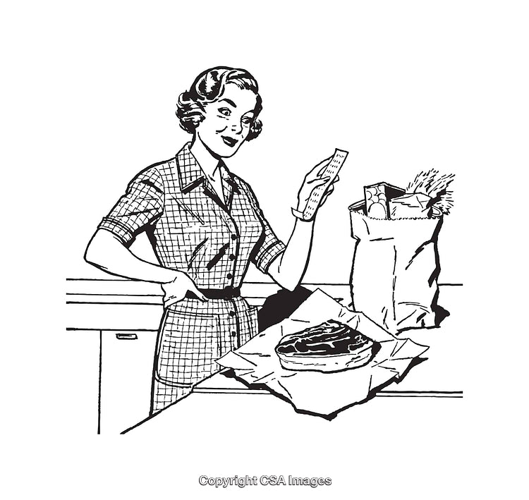 Retro Illustration of a Woman Preparing Food with a Grocery Bag