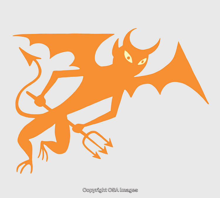 Flying Orange Demon with Trident Silhouette Illustration on Gray Background