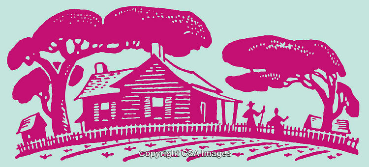 Rustic Countryside Cottage Line Art with Trees and Farm Scenery
