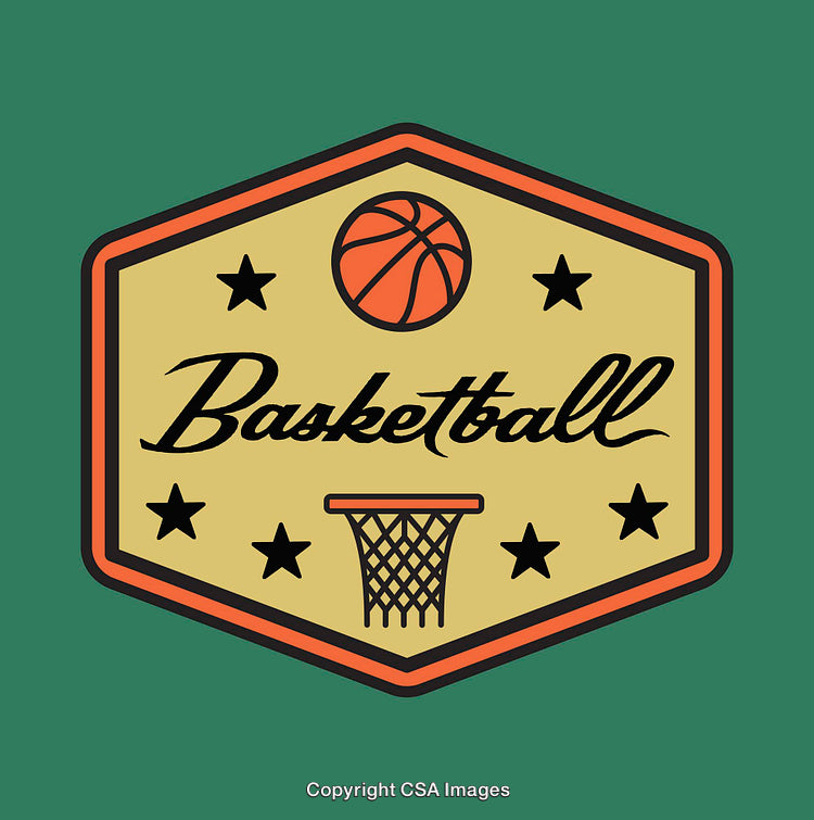 Basketball Logo Featuring Ball, Hoop, and Stars with Retro Design