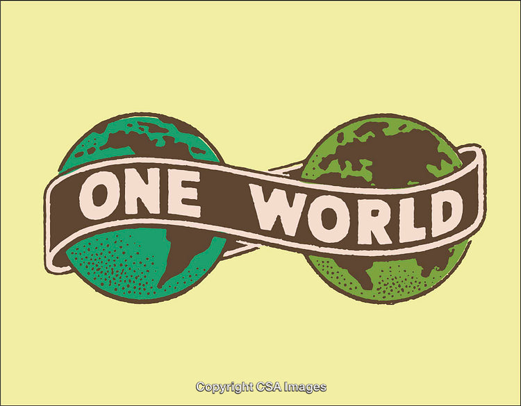 Retro Line Art Featuring Two Earths Connected with 'One World' Banner