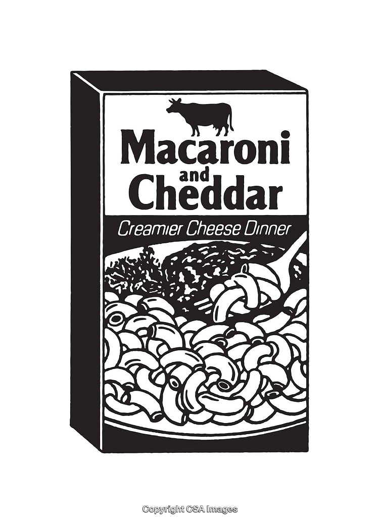 Black And White Line Art Illustration of Macaroni and Cheese Packaging