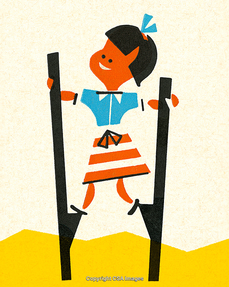Illustration of a Happy Girl Walking on Stilts with a Joyful Expression