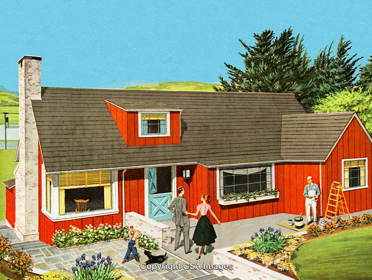 Charming Mid-Century Home Scene with Family Enjoying Outdoors