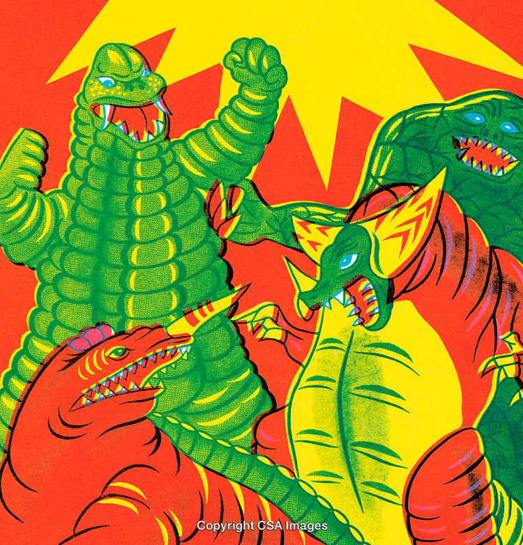 Vivid Illustration of Giant Colorful Monsters in Action-Packed Scene
