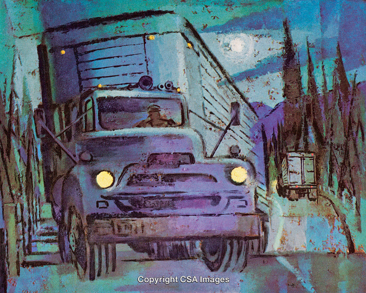 Vibrant Painting of Trucks on a Forest Road Under the Moonlight