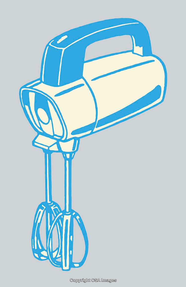 Vintage Handheld Mixer Line Art Illustration in Blue and White Tones