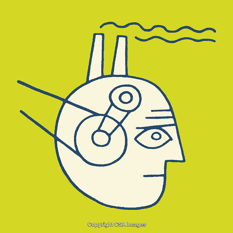 Abstract Line Art Illustration of a Robotic Head on Lime Green Background