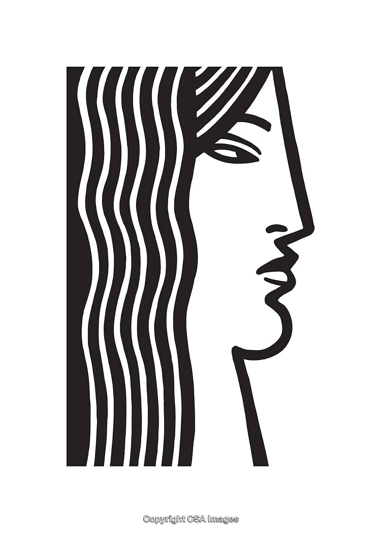 Stylized Black-and-White Line Art Profile of a Woman with Flowing Hair