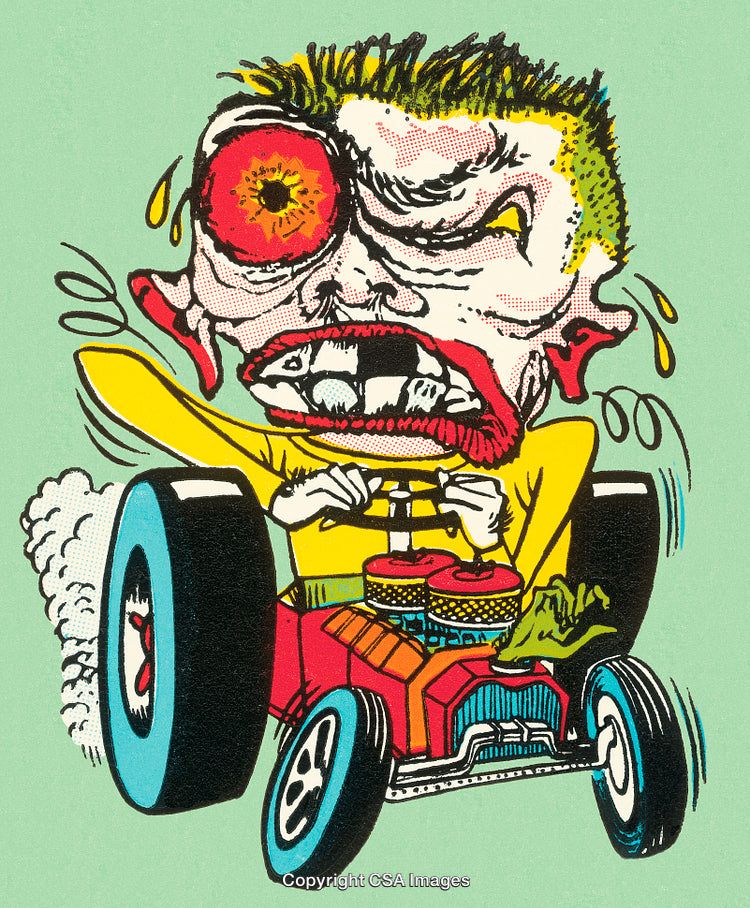 Cartoon Graphic of Funny Character Driving a Small Customized Car