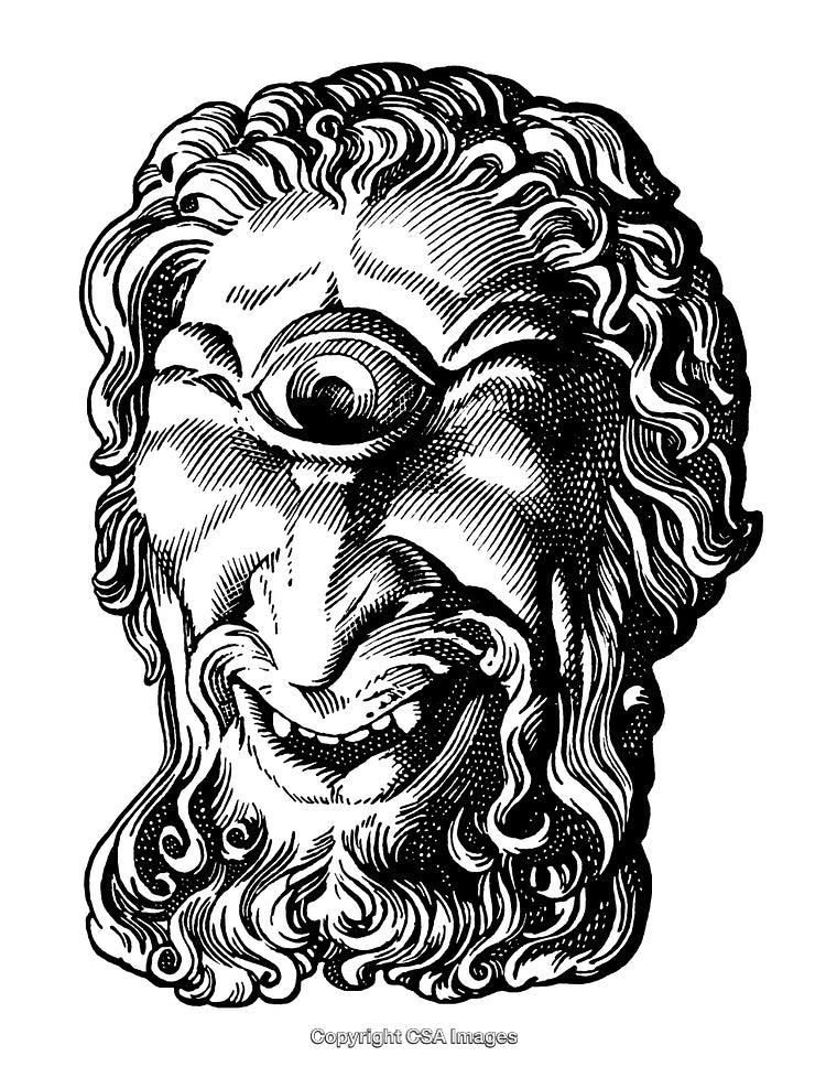 Vintage Stylized One-Eyed Mythical Creature Black and White Engraving