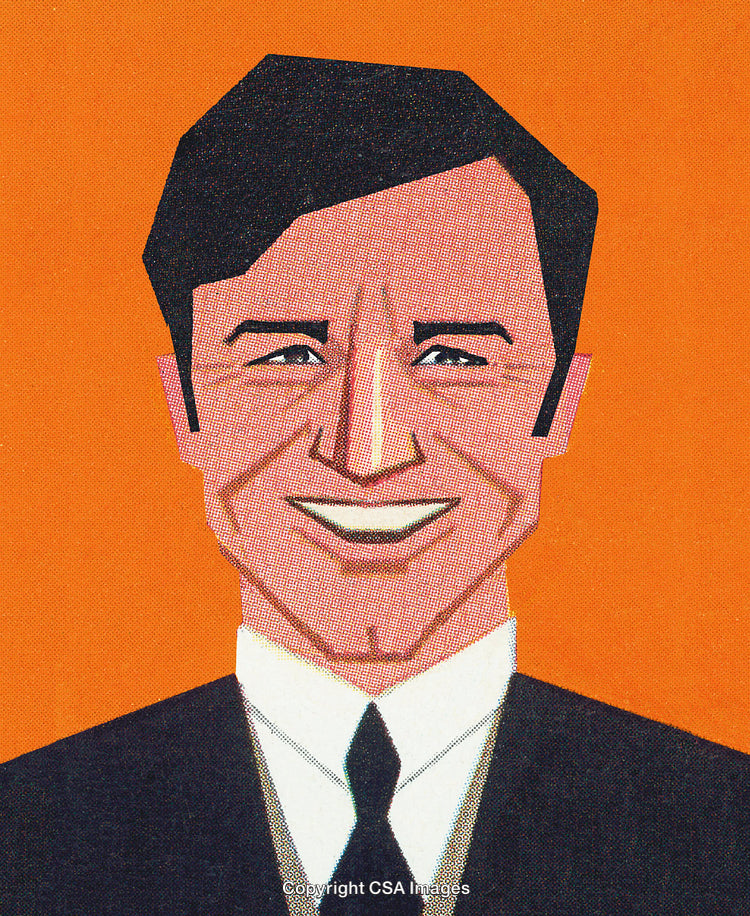 Illustrated Portrait of a Smiling Man in a Formal Suit Against Orange Background
