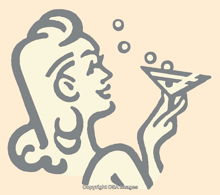 Elegant Woman Enjoying a Cocktail in Retro Style Line Art