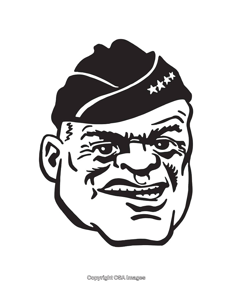 Black and White Line Art Illustration of a Smiling Face Wearing a Military Hat