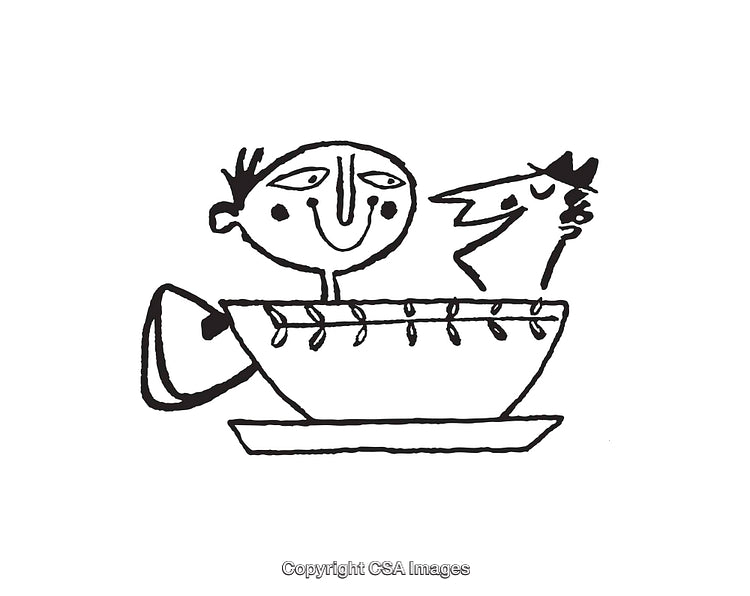 Playful Black and White Line Art of Two Characters in a Cup