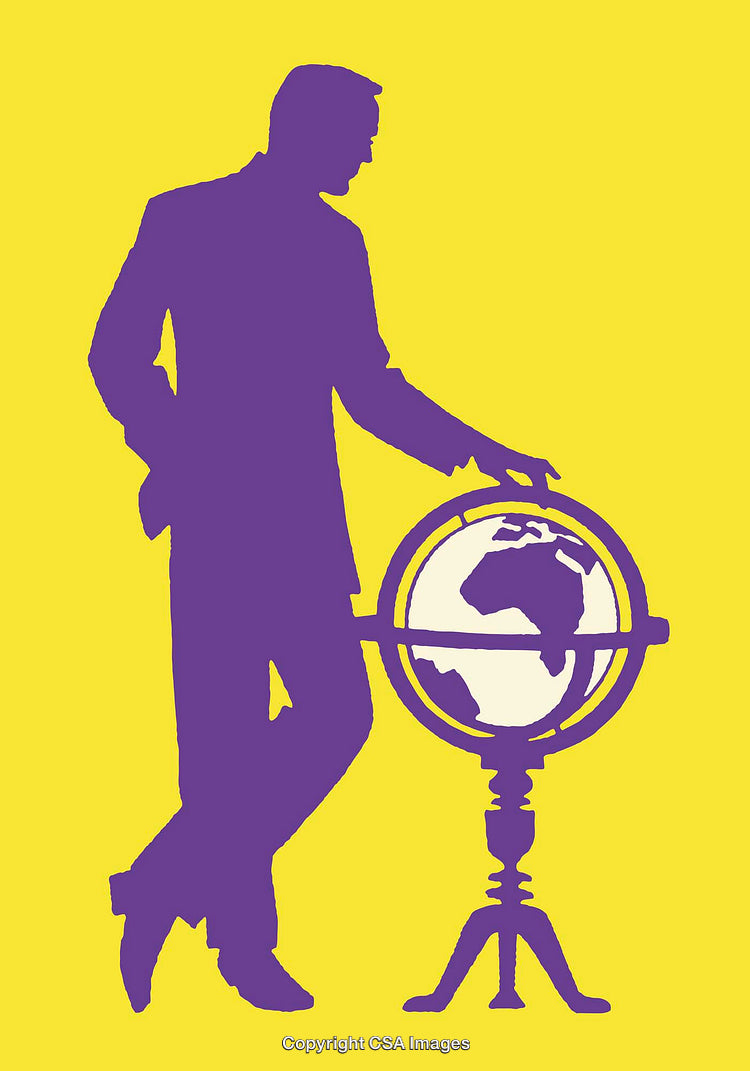Purple Silhouette Person Standing by Globe On Bright Yellow Background