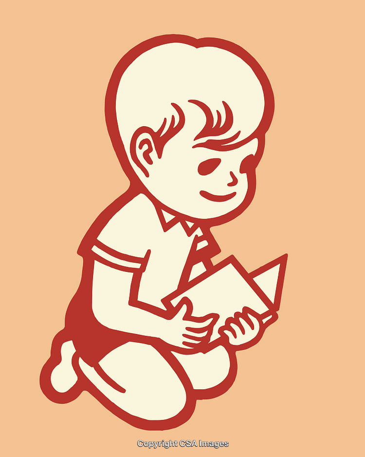 Child Reading a Book in Vintage Style Line Art Illustration