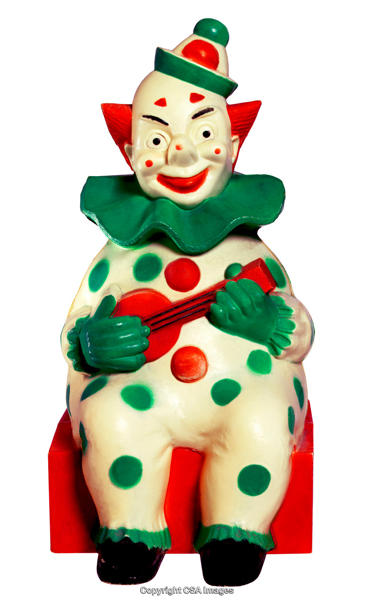 Colorful Clown Figurine Holding a Musical Instrument with Bright Polka Dots