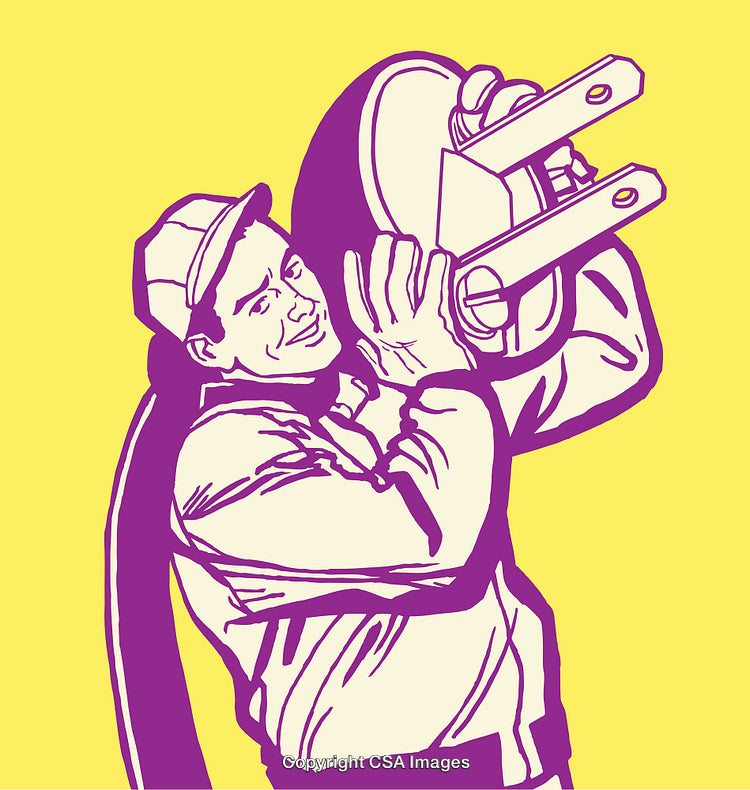Retro Style Worker Carrying Industrial Equipment on Bright Yellow Background