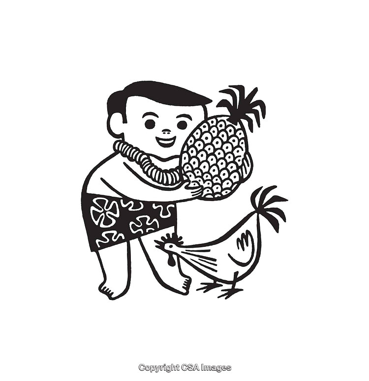 Charming Black and White Art Featuring Boy, Pineapple, and Chicken