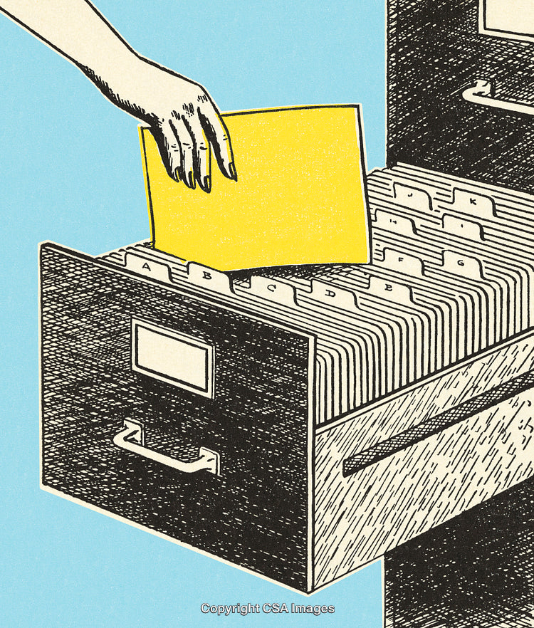 Hand Organizing Yellow Folder in Open Filing Cabinet Illustration
