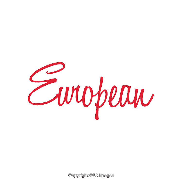 Bold Handwritten Word 'European' in Red Script on White Background