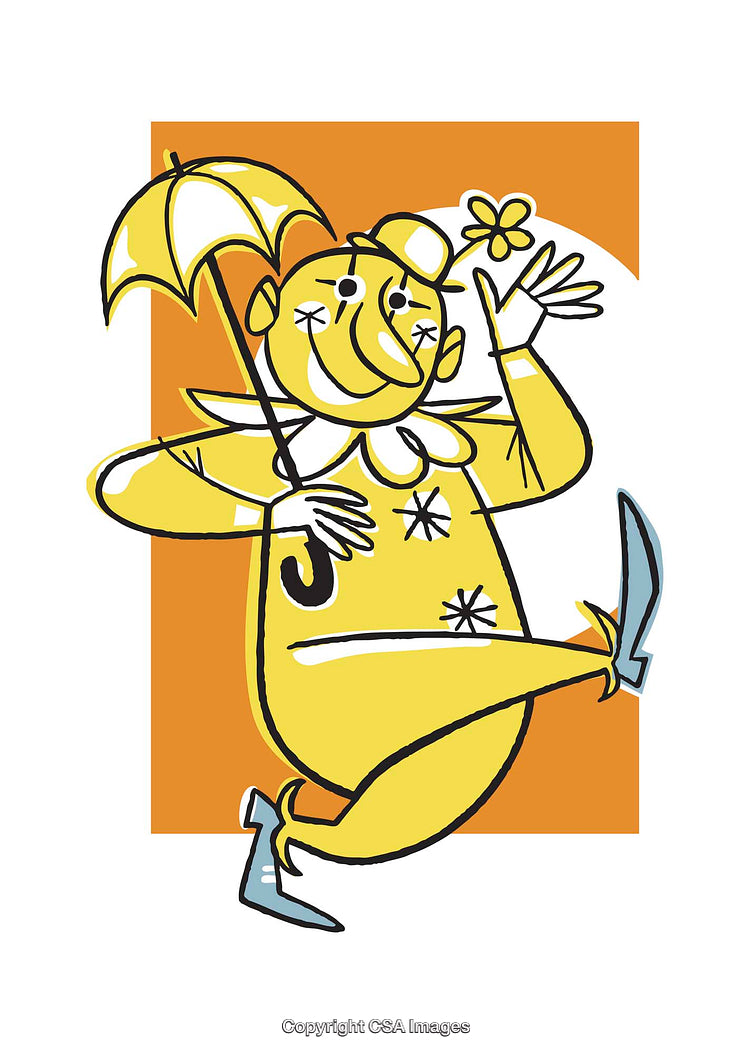 Whimsical Clown Illustration Holding Umbrella and Flower on Orange Background