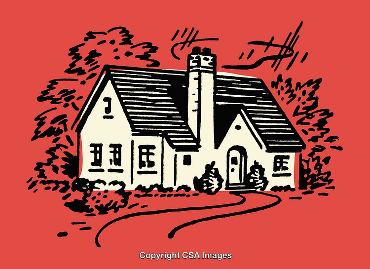 Vintage Line Art Illustration of a House with Trees in Red Hue