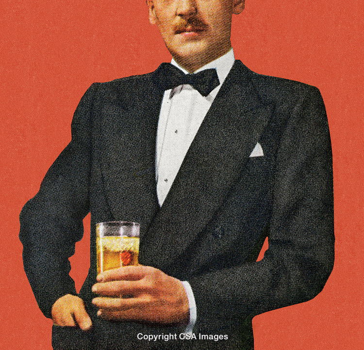 Vintage Man in Tuxedo Holding a Glass on a Retro Background
