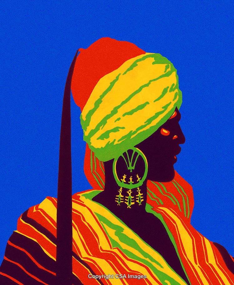 Vivid Portrait of a Person in Traditional Attire Against Blue Background