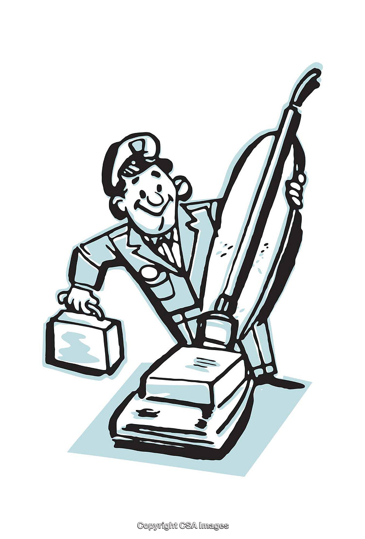 Retro Styled Illustration of a Cheerful Salesman with a Vacuum Cleaner