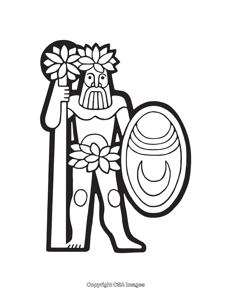 Black and White Line Art Illustration of a Warrior Holding Shield and Staff