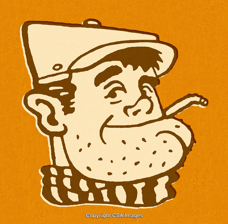 Retro Cartoon Illustration of a Cheerful Man with Pipe on Orange Background