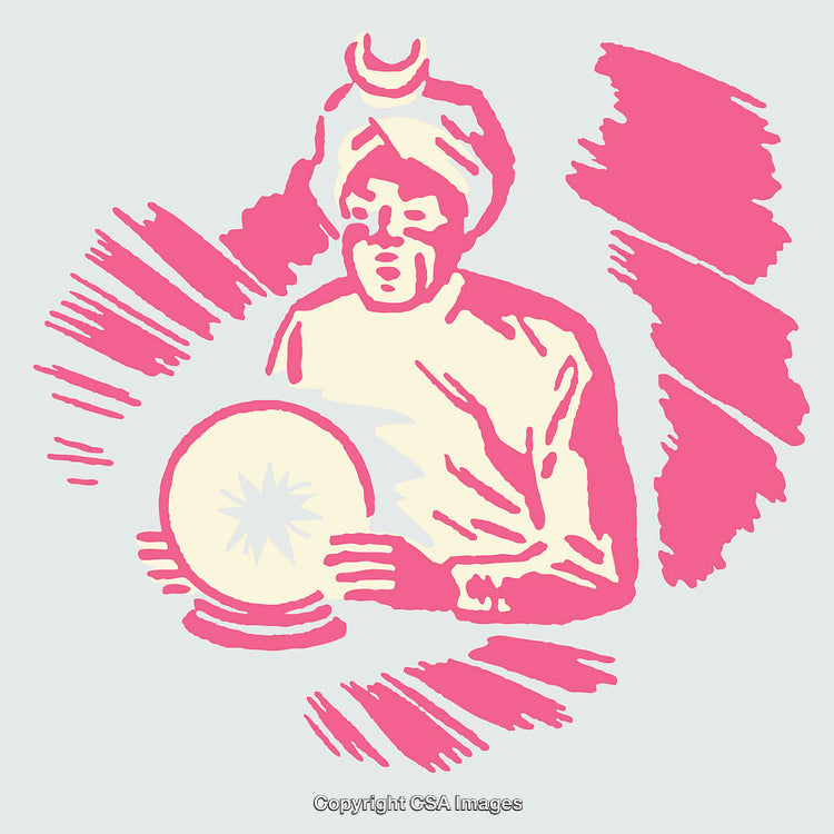 Fortune Teller with Crystal Ball in Artistic Pink Line Art Illustration